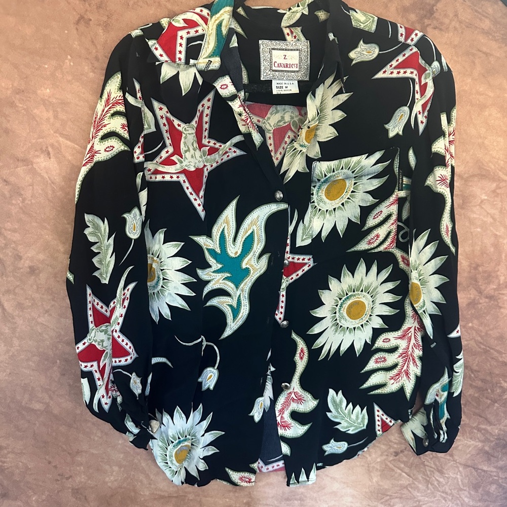 Vintage Z. Cavaricci Stars and Flowers Black and Red Patterned Shirt Medium